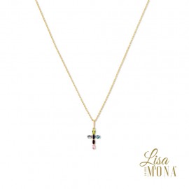 14K Or Jaune Collier croix pendentif multi color cz