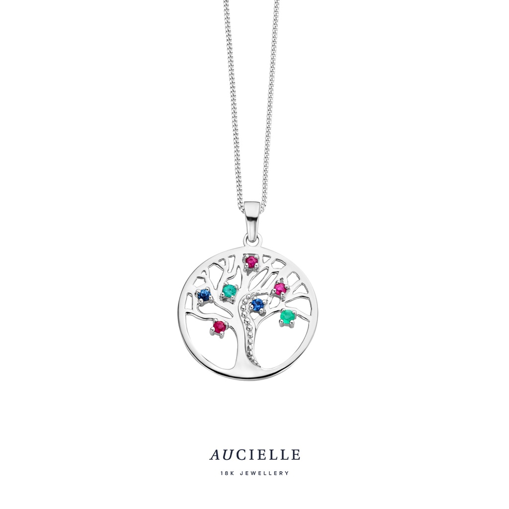 Pendentif Or Blanc 18K arbre de vie multicolore