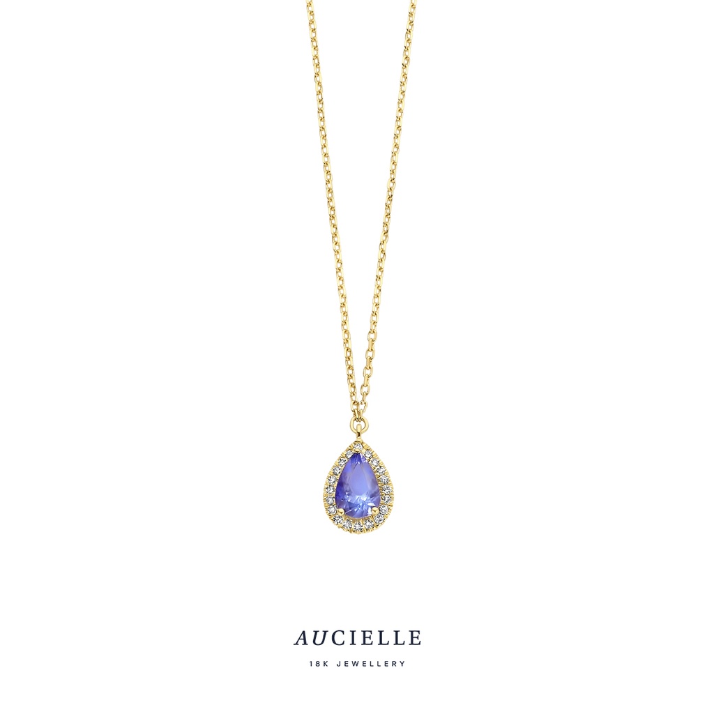 Collier poire entourage Or Jaune 18K avec diamants de 0.05ct et 0.35ct de Tanzanite 45 cm