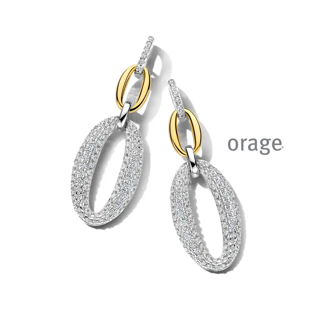 Boucles d'oreilles pendantes bicolores en argent rhodié et oxyde de zirconium (BA216)