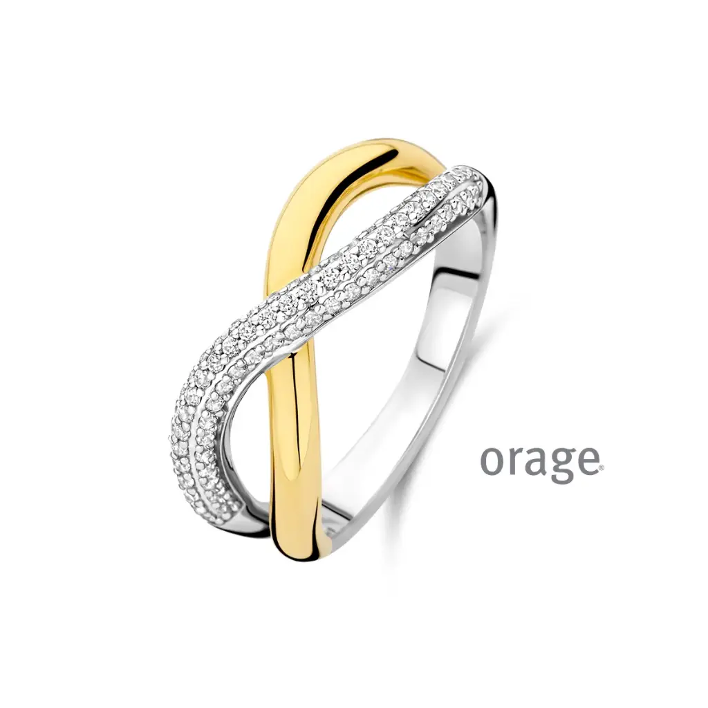 Bague croisée bicolore en argent rhodié, plaqué or et oxyde de zirconium (52-60) (BA217)