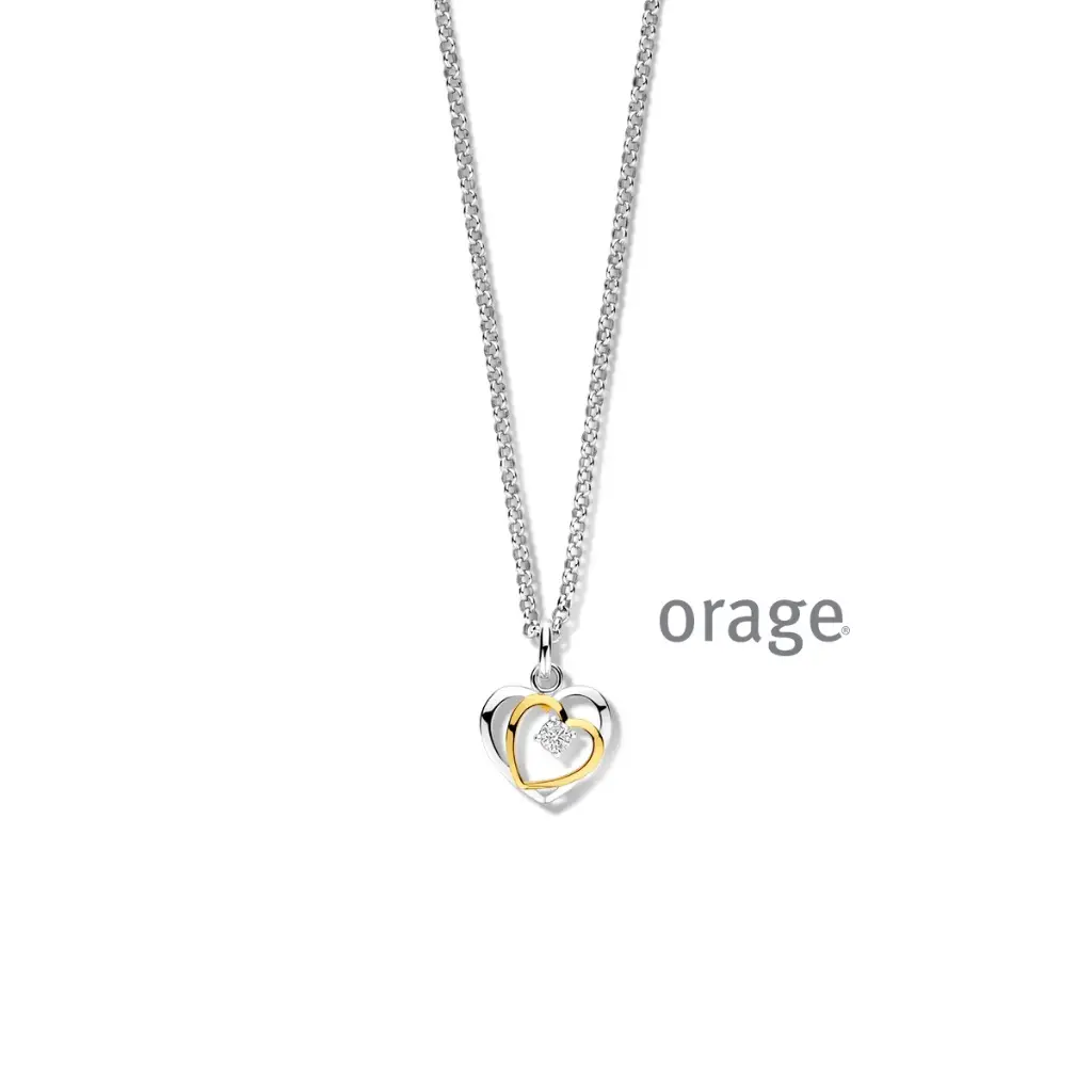 Collier double coeur bicolore en argent rhodié, plaqué or avec oxyde de zirconium 45cm (BA218)