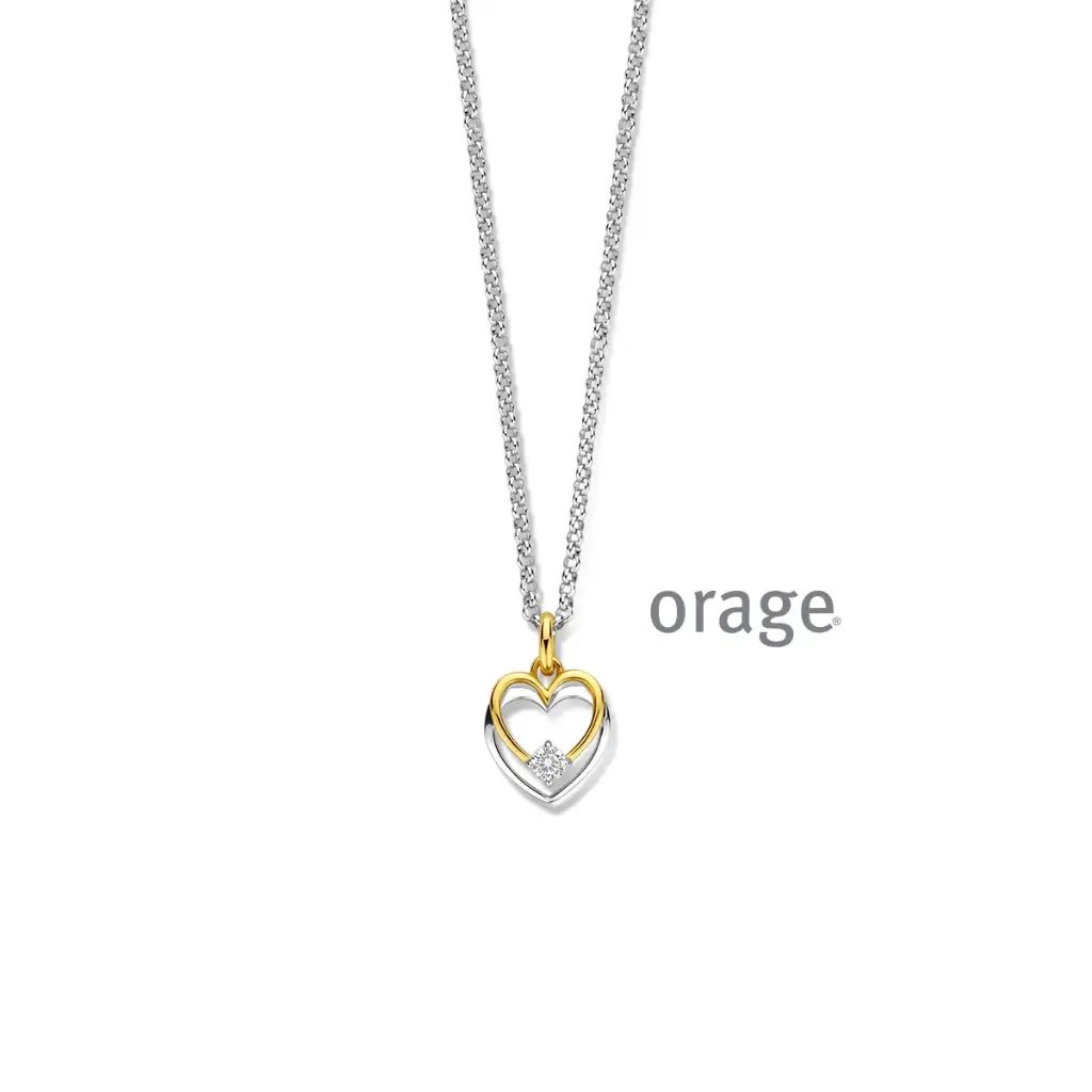 Collier double coeur bicolore en argent rhodié, plaqué or et oxyde de zirconium 42cm (BA219)