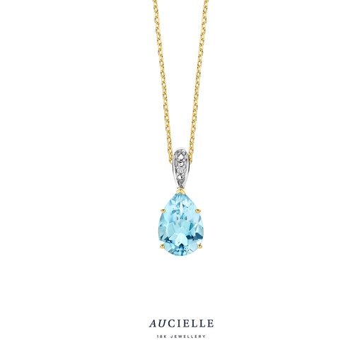 [AH0114D] Pendentif Poire en Or Jaune 18K, Topaze Bleue et diamant de 0,005 carats