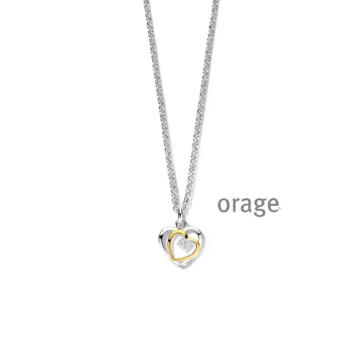 [BA218] Collier double coeur bicolore en argent rhodié, plaqué or avec oxyde de zirconium 45cm (BA218)